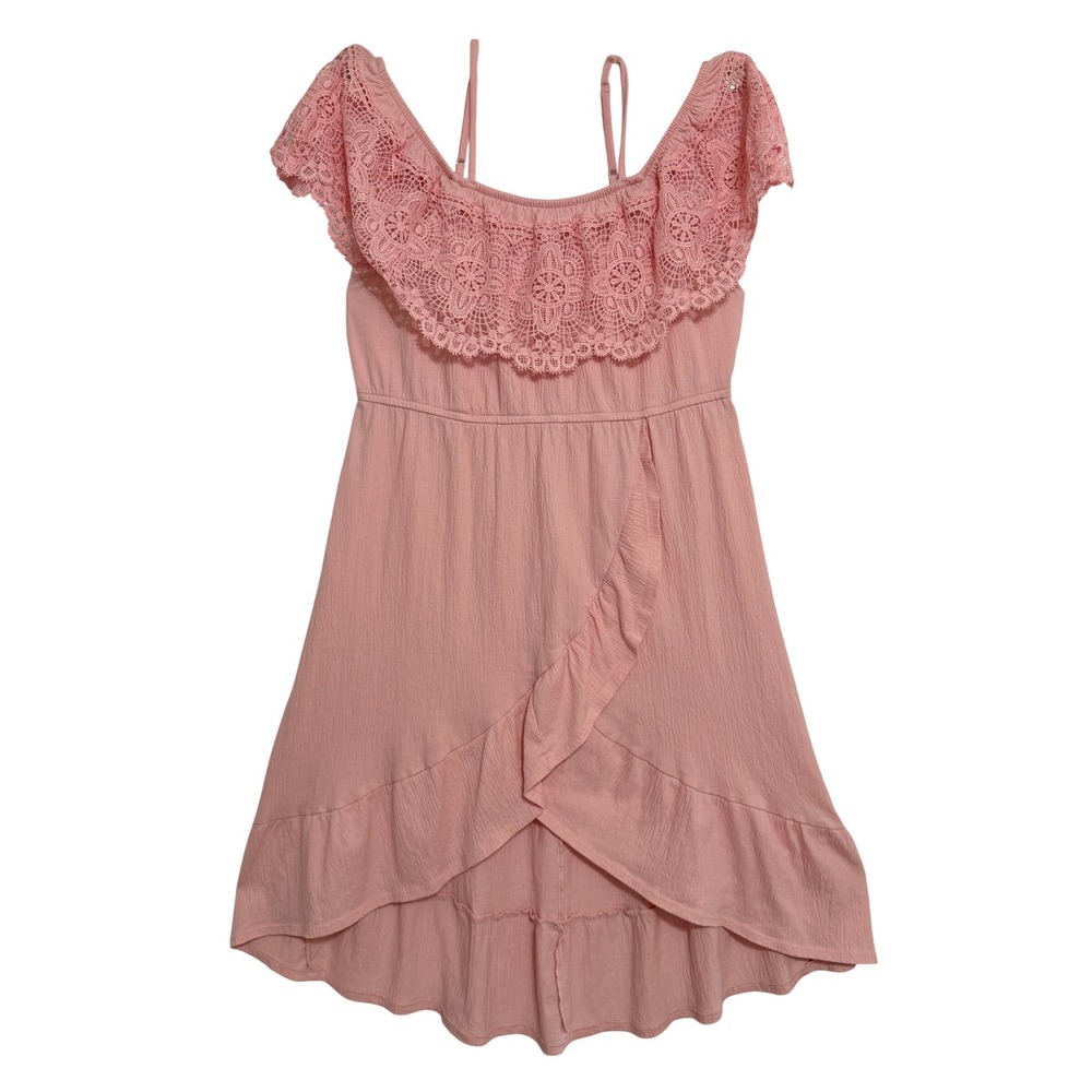 No Boundaries Womens XXL Pink Lace Ruffle High Low Dress Boho Gauze Adjustable